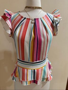 Women’s Multicolor Striped Ruffle Sleeve Peplum Blouse